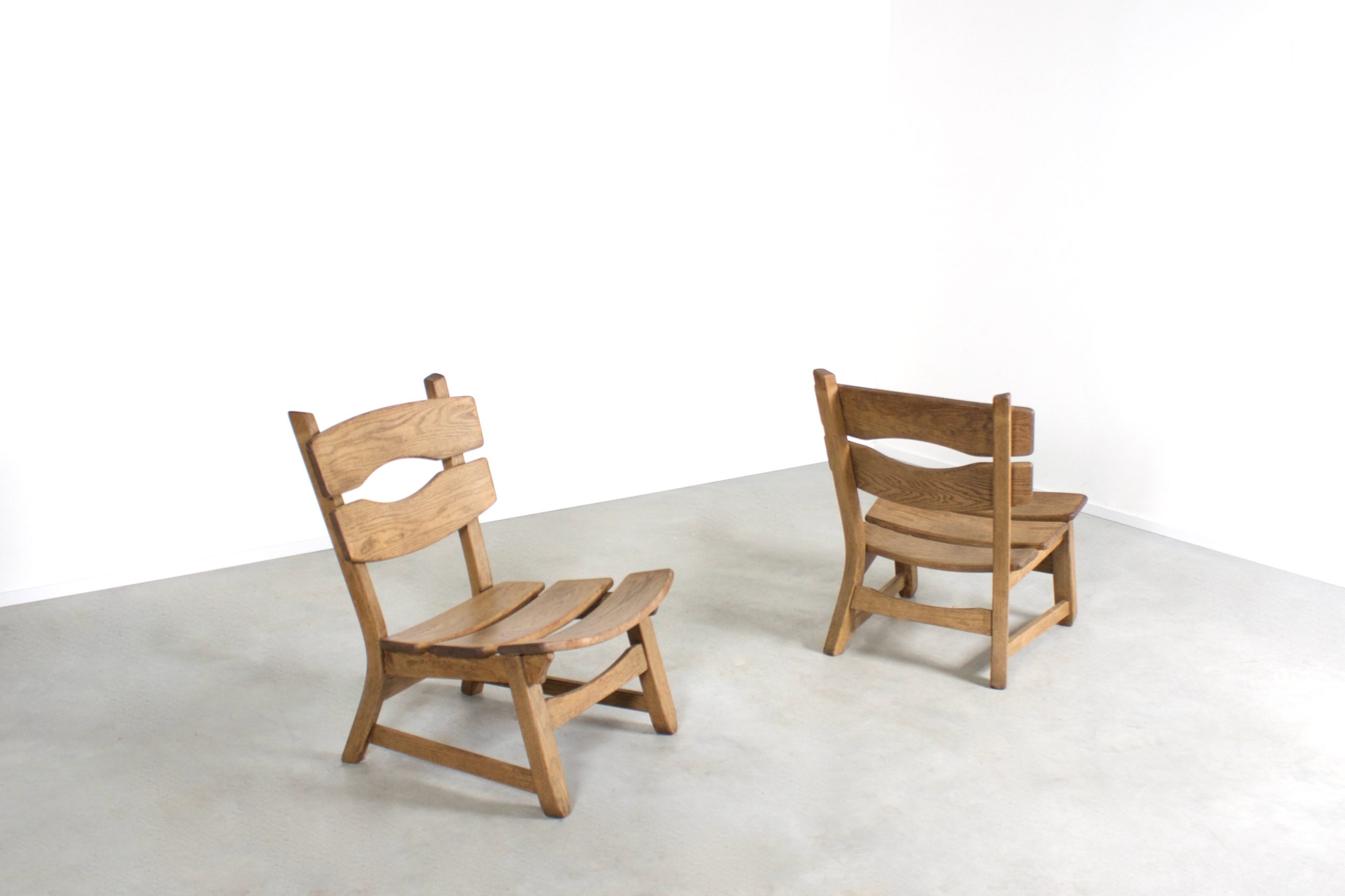 Solid Oak Brutalist Lounge Chairs