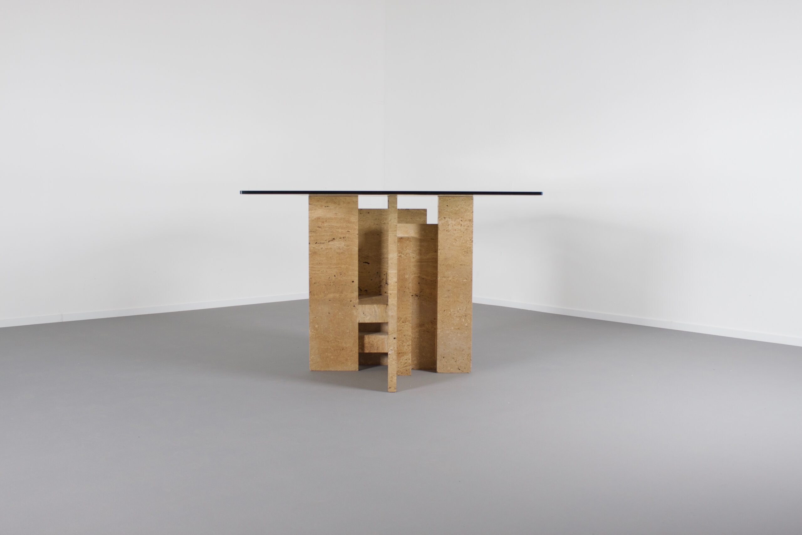 Sculptural Willy Ballez Dining Table in Travertine and Glass