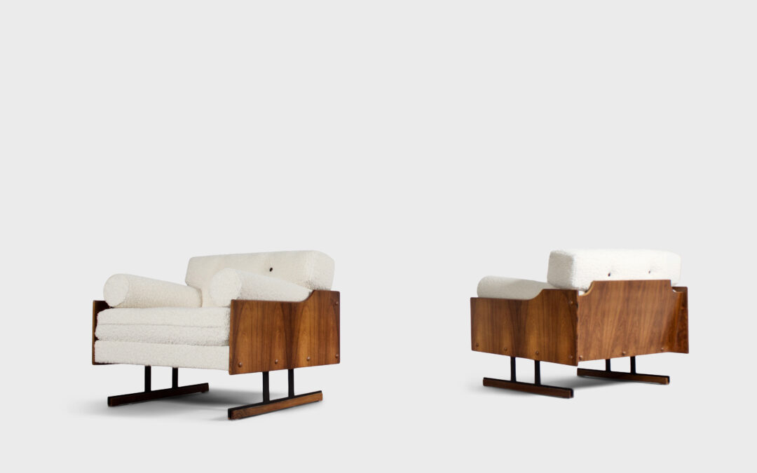 Exceptional Rosewood and Bouclé Lounge Chairs by Moveis Corazza