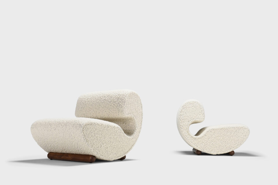 Set of Sculptural Curved Chairs in a Thick Bouclé
