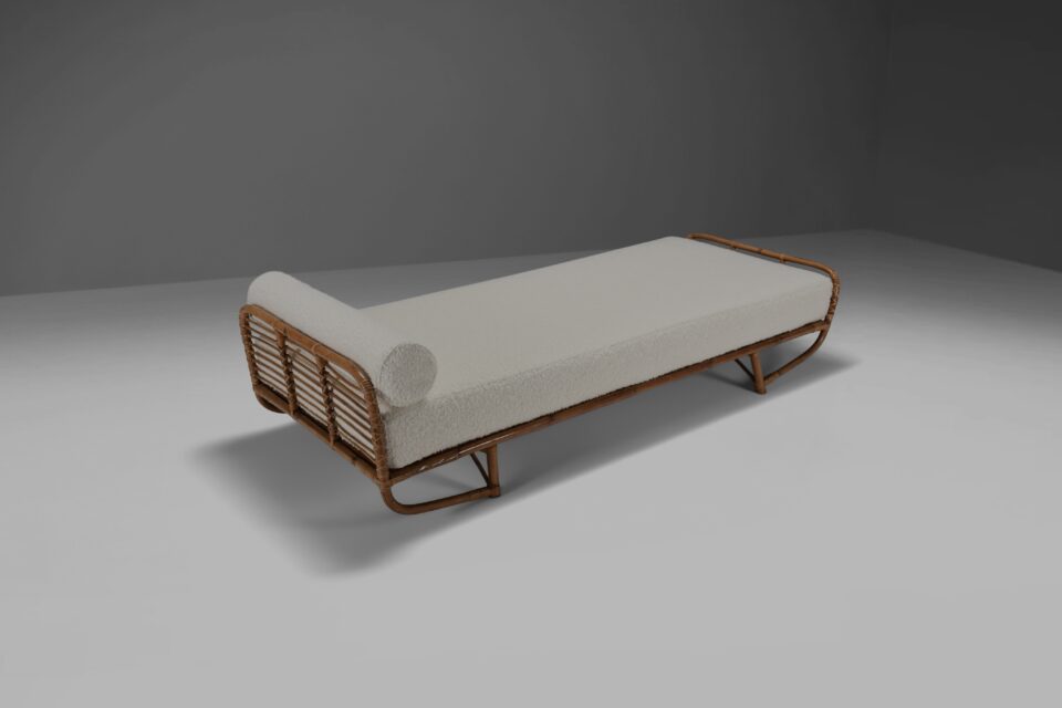 Bamboo and Rattan Daybed in Ivory Bouclé
