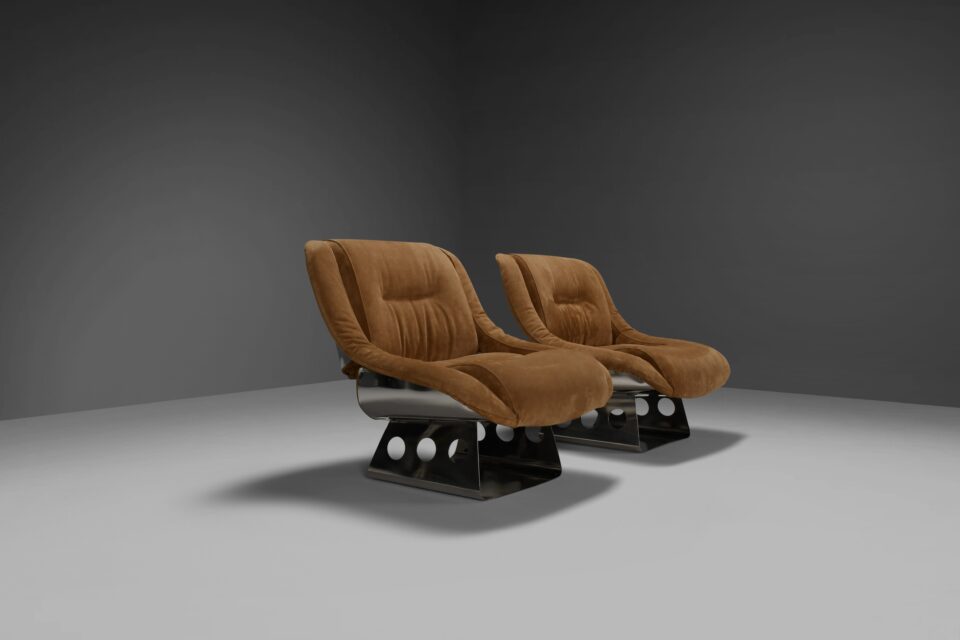 Rare Suede and Stainless Steel Lounge Chairs by Rima Padova