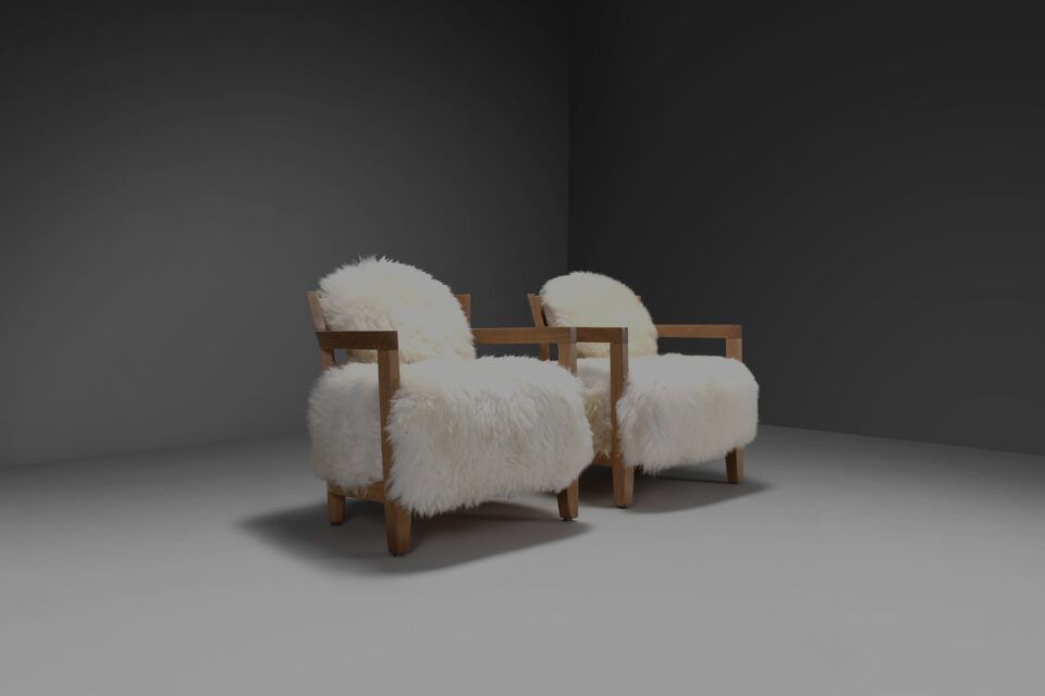 Set of Two Solid Oak and Off-White Sheepskin Chairs, Switzerland, 1970s