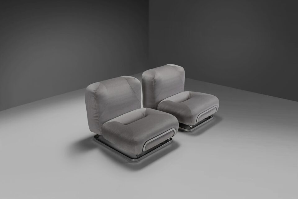 Grey Mohair and Chrome Lounge Chairs Designed by Malchioro for IPE, Italy, 1970