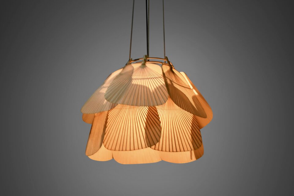 Beautiful Uchiwa ‘Ju Yon’ Chandelier by Ingo Maurer, Germany, 1970s